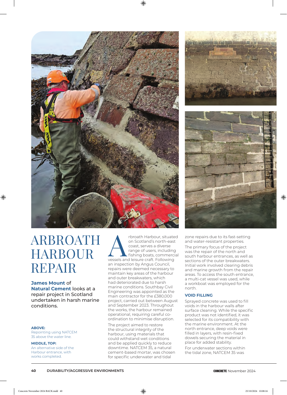 Concrete magazine feature titled Arbroath Harbour Repair, credited to James Mount