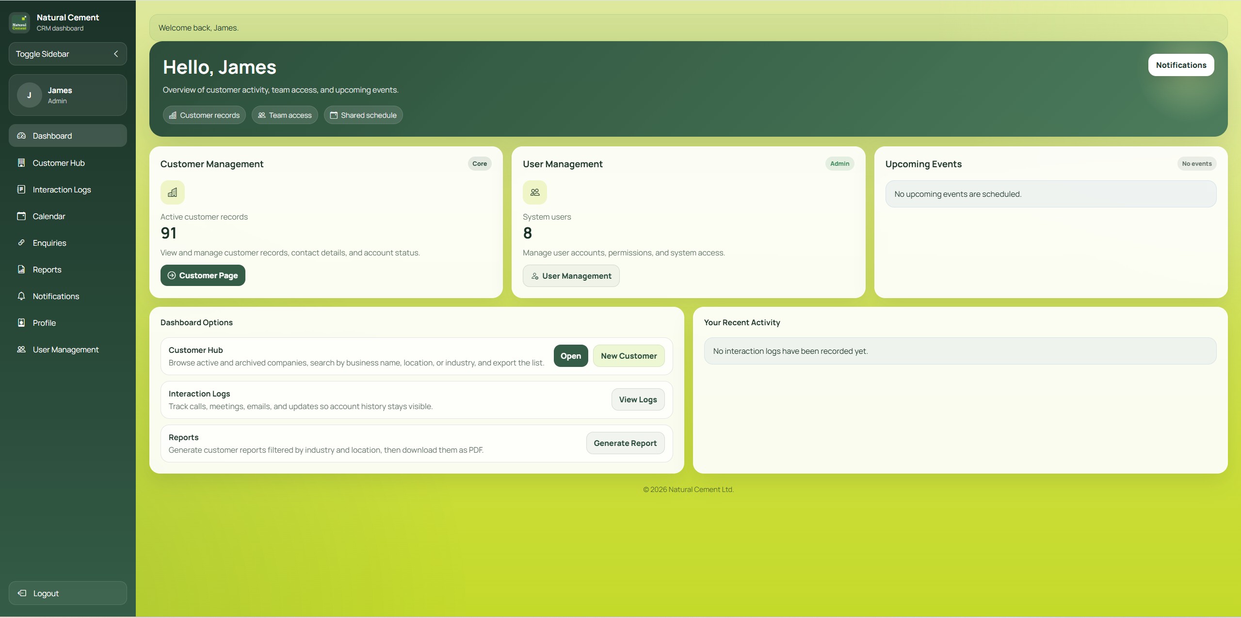 Natural Cement CRM dashboard showing customer records, system users, interaction logs and reports