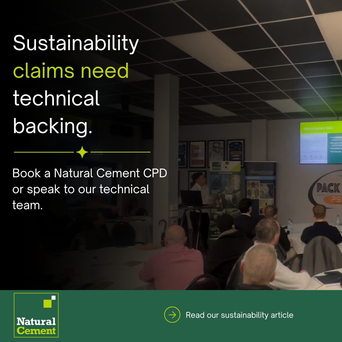 Natural Cement campaign graphic about backing sustainability claims with technical evidence