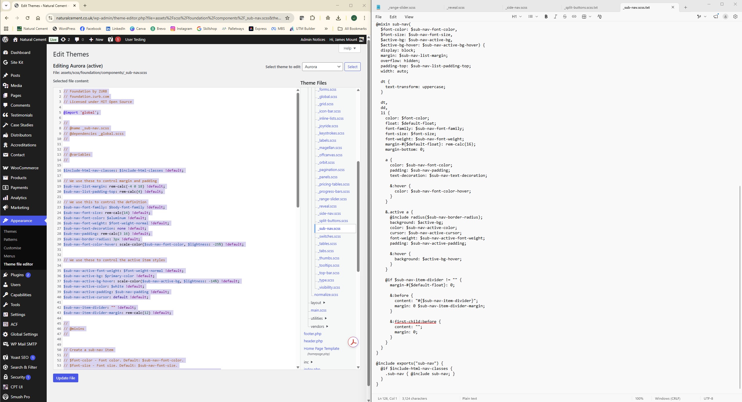 WordPress theme code being reviewed and edited